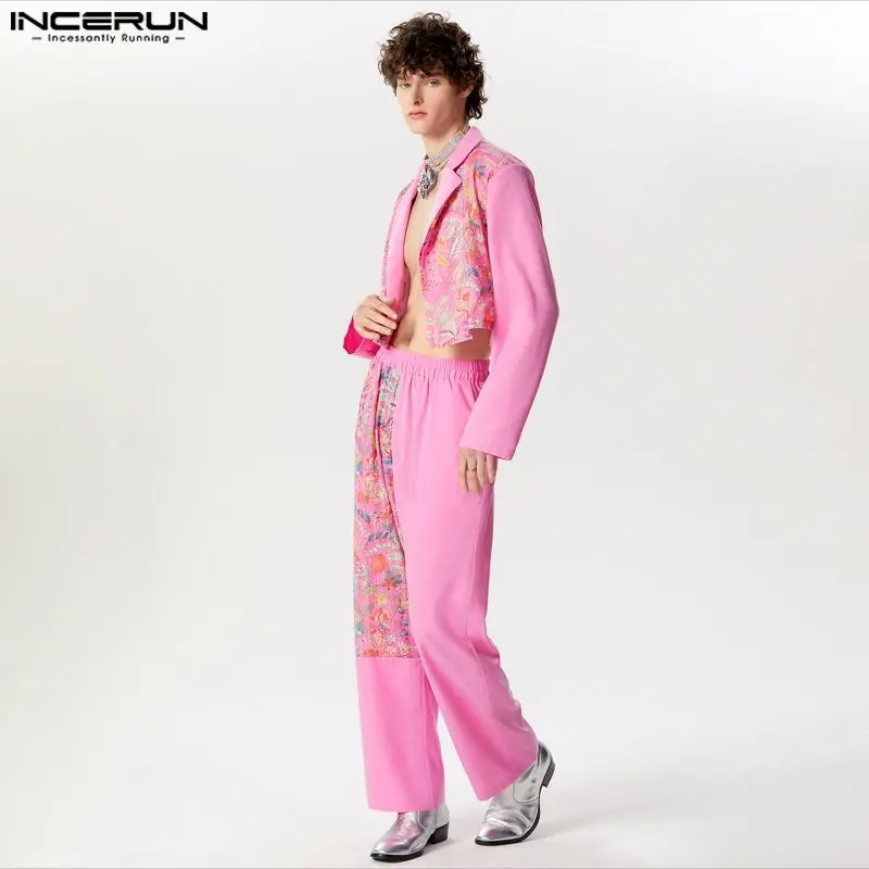 INCERUN-Ensemble blazer et pantalon en dentelle pour hommes, streetwear décontracté, revers à manches longues, impression patchwork, olympiques à la