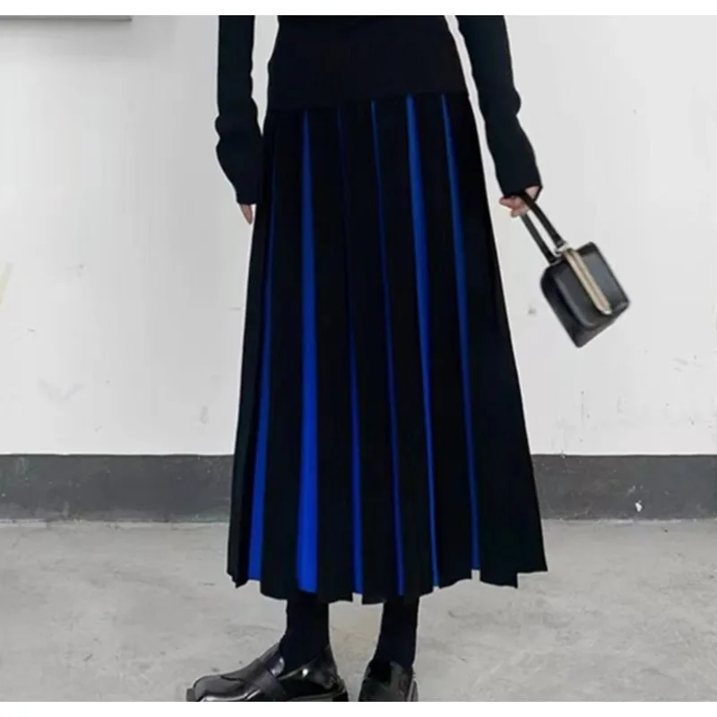 

SMVP Fashion Color Patchwork Skirts Women New Korean Elastic Waist Knitted Pleated A Line Skirt Lady Loose High Waist Maxi Skirt