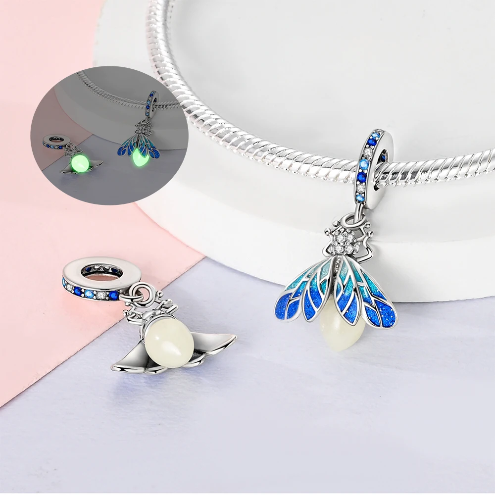 Silver Plated Beads Moon Evil Eye Luminous Firefly Charms Fit Original Bangle Bracelet Charm Pendants Fine Jewelry Gift