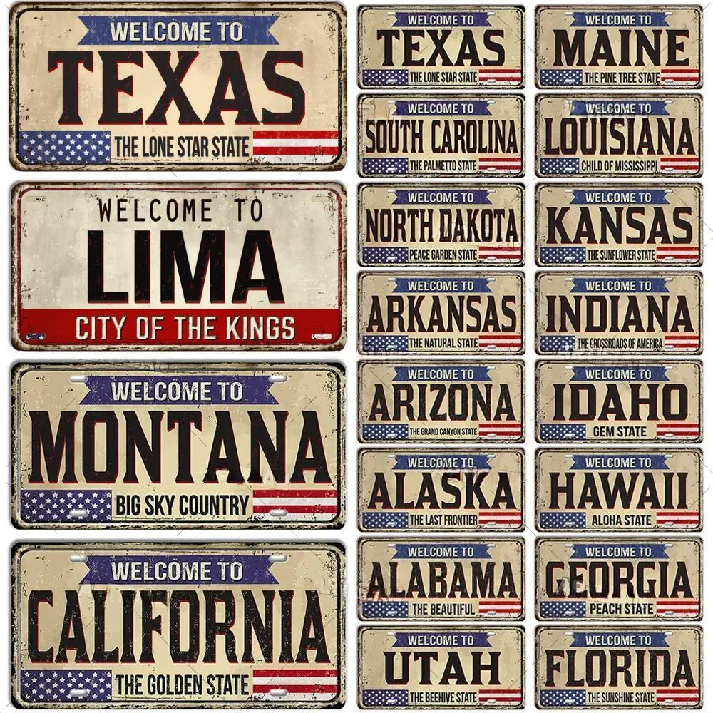 Vintage USA Landmark Plate Welcome To City Decorative Vehicle Plate State Metal Tin Plaque Garage Club Bar Pub Cafe Wall Decor