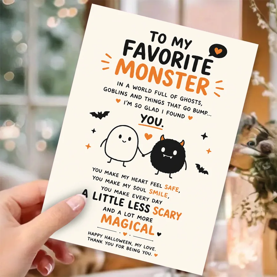 Romantic Halloween greeting card, cute monster holding hands to my favorite monster, dedicated to my partner, Halloween holiday