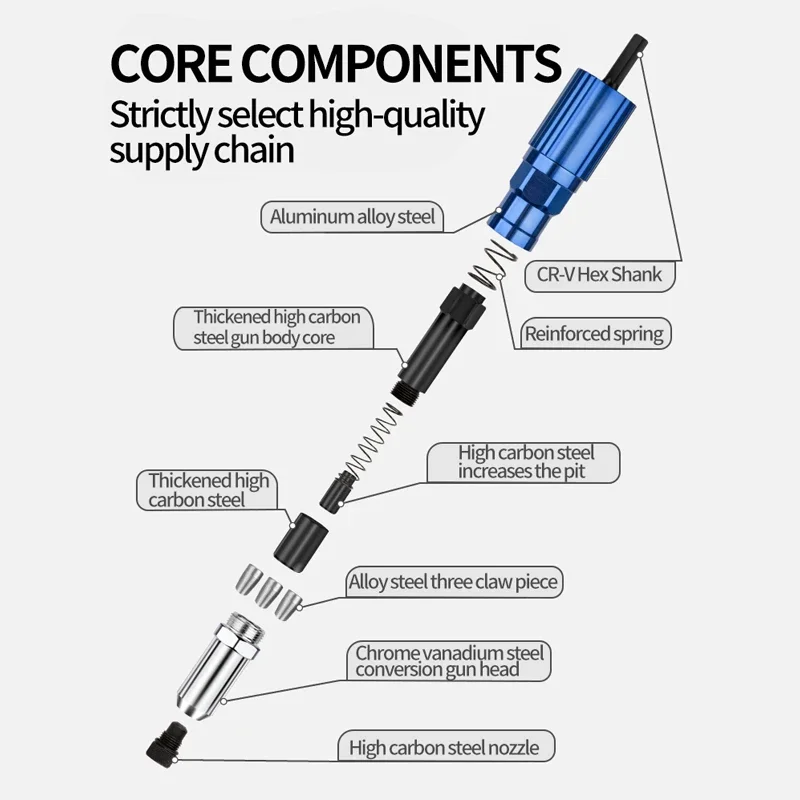 Multi functional electric core riveting gun electric tool accessories, 2.4mm -4.8mm rivet nut gun head adapter