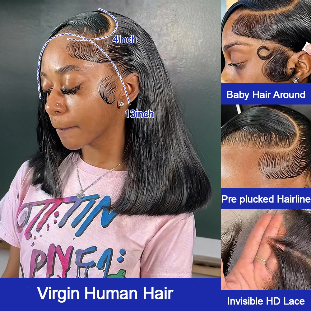 250% Real Density Transparent Full Hd Lace Pre Plucked with Baby Hair 12 14 16 Inch Short Bob Bone Straight 13x6 Lace Frontal Wigs Brazilian Soft Smooth Bob Wig Glueless Human Hair 13x4 Hd Lace Fronta image 4