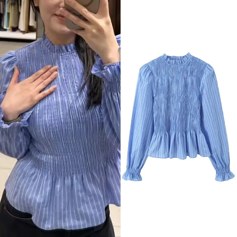 

Women Striped Smocked Shirt Simple High Neck Long Sleeves Simple Women's Shirts Female Chic Shirts & Blouses