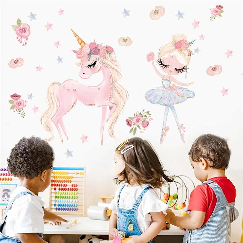 Cartone animato unicorno e ragazza danzante adesivi murali per bambini decorazione camera da letto fai da te animale murale arte decalcomanie per la