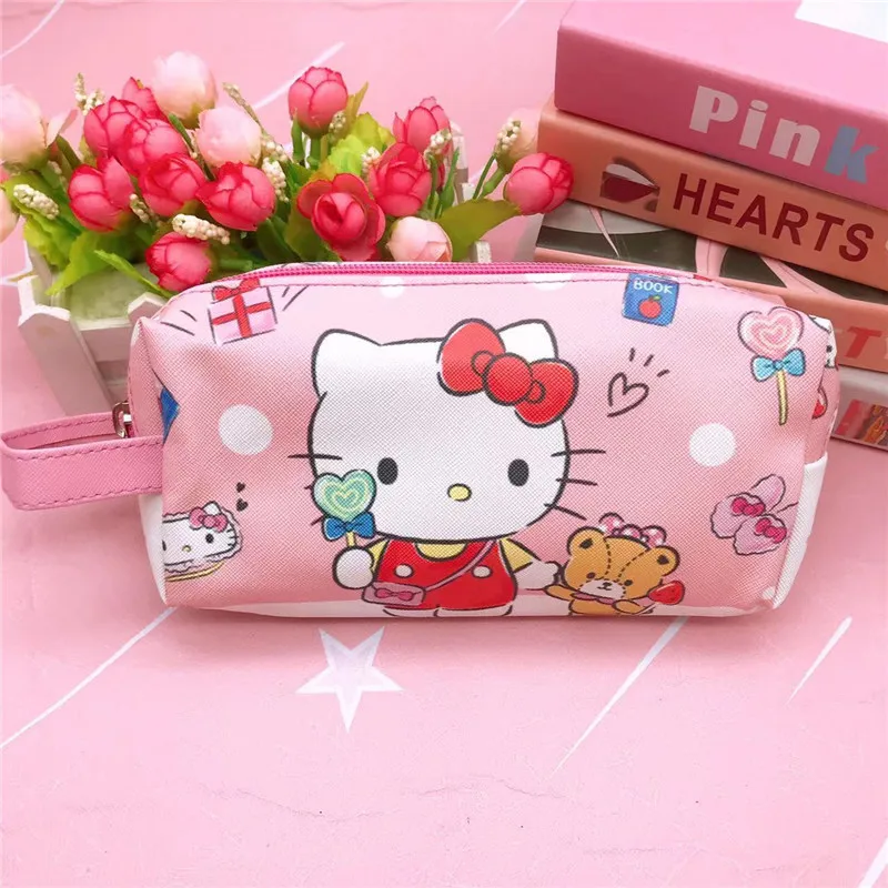 MINISO Kuromi Cinnamoroll PU Pencil Case Hello Kitty Multifunctional Stationery Bag With Handle Hand Carry Storage Bag