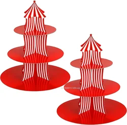 1Set 3 Tier Circus Carnival Paper Cupcake Stand Red Striped Cake Decorating Supplies Children's Day Dessert Cupcake Stand