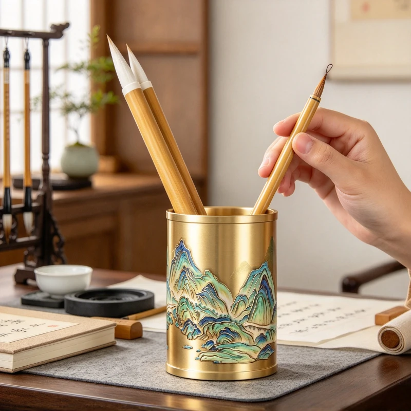 Large Solid Pen Holder Landscape Art Desk Organizer High Capacity Brush Storage Cup for Studio Office Teacher Gift 붓 펜꽂이