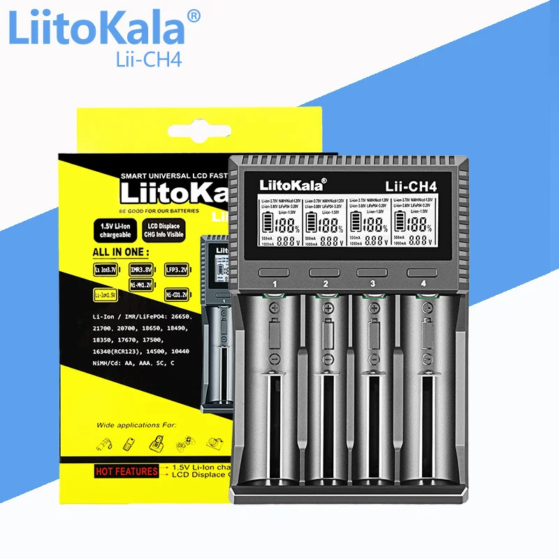 

LiitoKala Lii-CH4 3,7 В 21700, зарядное устройство для литиевой батареи для 18650, 18350, 26650, 16340, 14500, 1,2 В, Ni-MH, Ni-Cd, 2 А, USB-умное зарядное устройство
