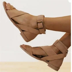 Women Soft Leather Sandals Summer Gladiator Shoes Women Ankle Strap Flat Sandals Women Summer Flip Flops Casual Shoes