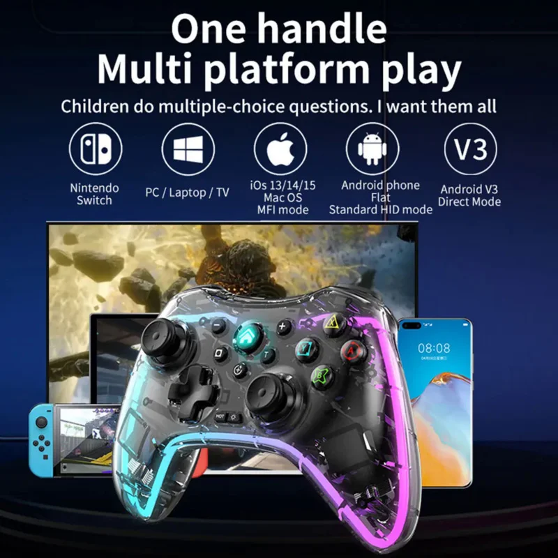 Transparent Wireless Game Handle Gamepad Wireless Bluetooth Game Controller Colorful Light Crystal Game Pad For Switch Phone PC