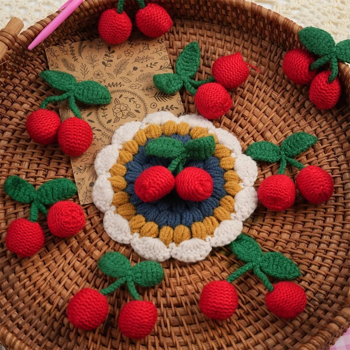 9Pcs Handmade Crochet Cherry Pendants - Red And Green Knitted Pendants For Keychains, Phone Additions, And Crafts - Perfect Birt