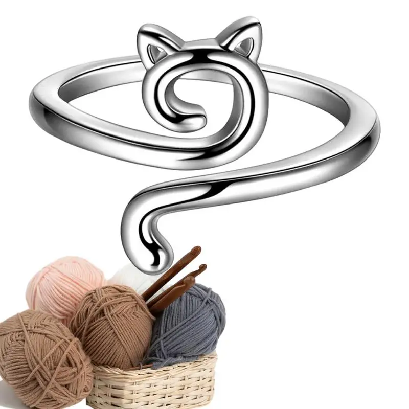 Adjustable Size Yarn Ring Cat Ears Crochet Ring Beginner Knitting Crocheting Loop Thread Wrapped Rings Tension Regulator Tool