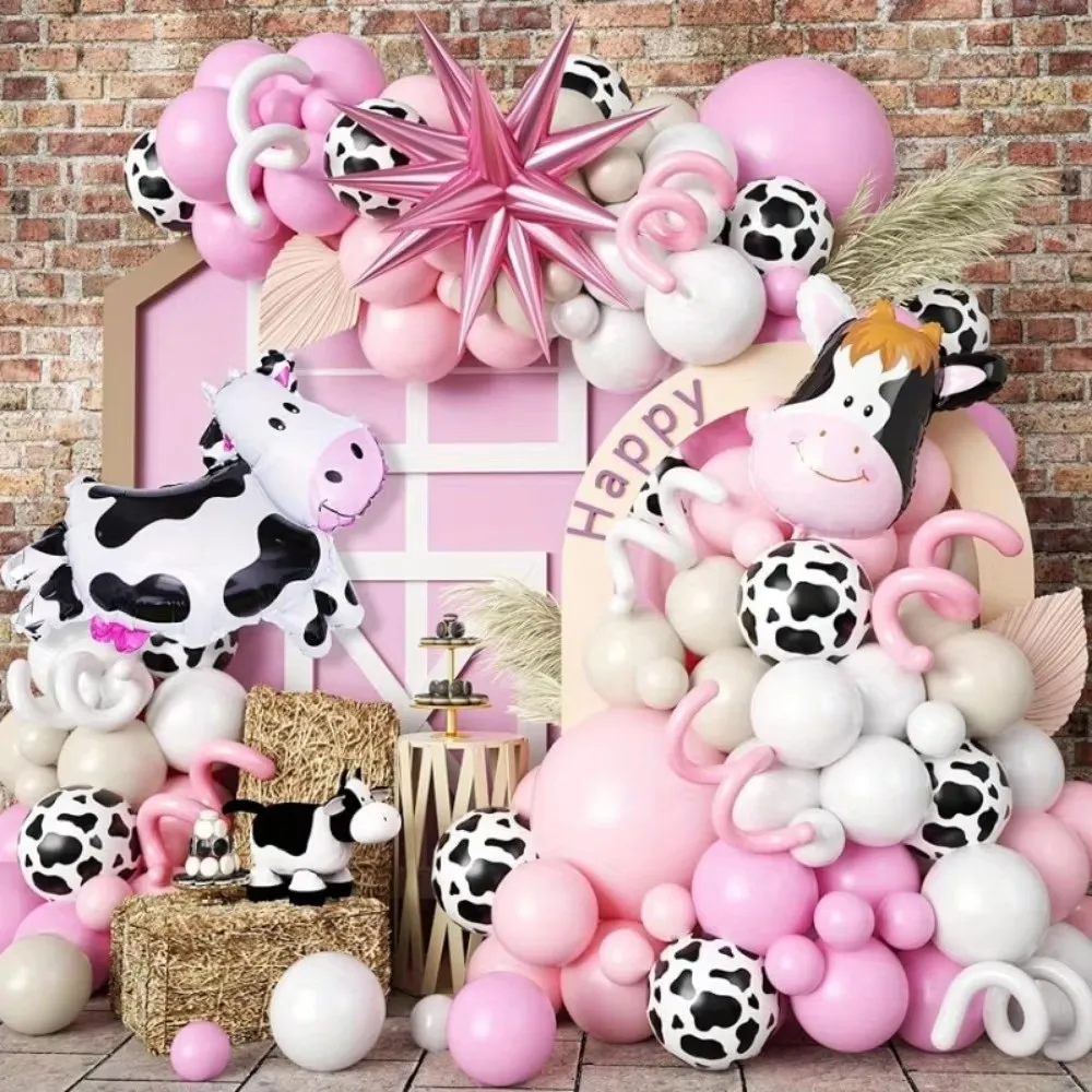 

128pcs Cow Balloon Arch Set with White Cow Print Balloon and Pink Starburst Farm Cowboy Girl Cow Theme Birthday Party Decoration