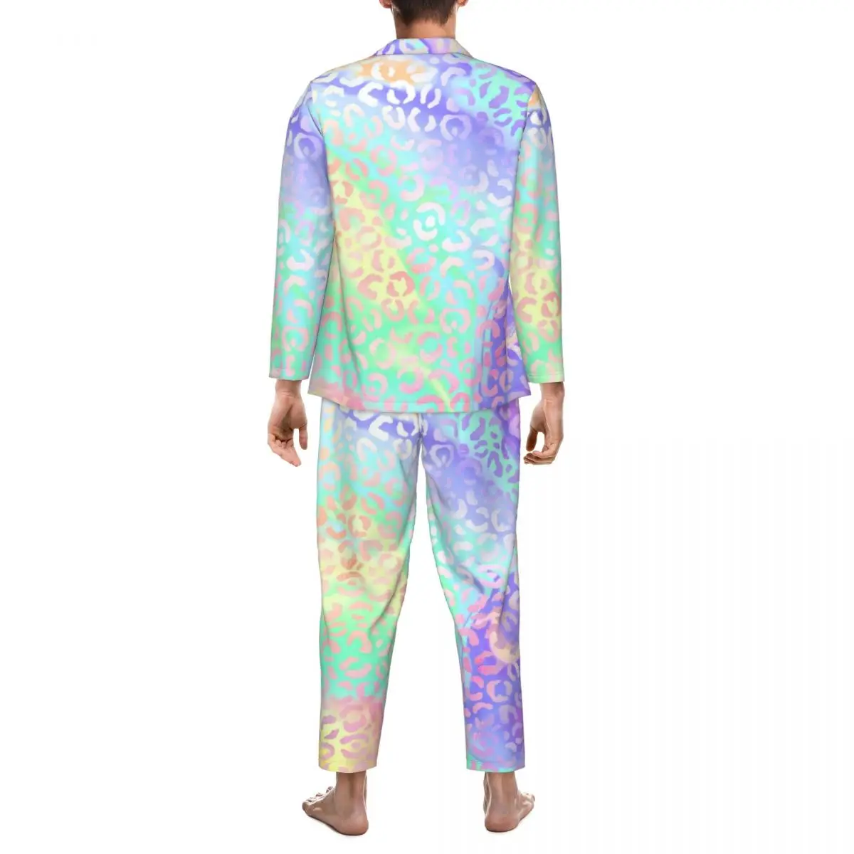 Colorful Leopard Print Pajamas Men Abstract Rainbow Soft Daily Sleepwear Autumn 2 Pieces Vintage Oversize Printed Home Suit