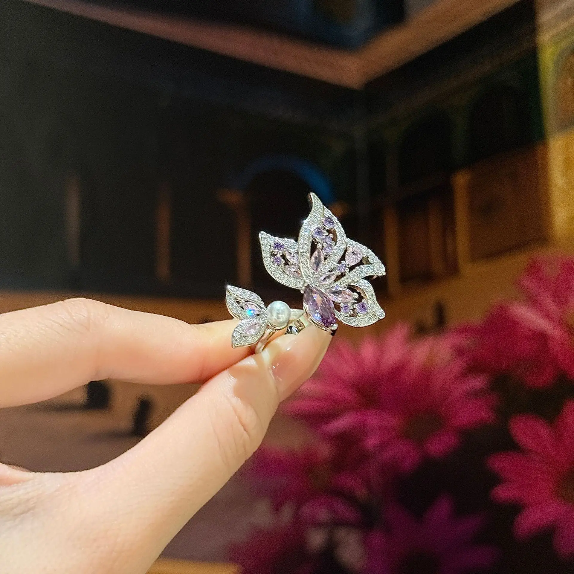 

Фиолетовое обручальное кольцо с бабочкой, высококачественное серебро 925 пробы, инкрустированное жемчугом, элегантное кольцо в китайском стиле, аксессуары для свадебного платья, ювелирные изделия