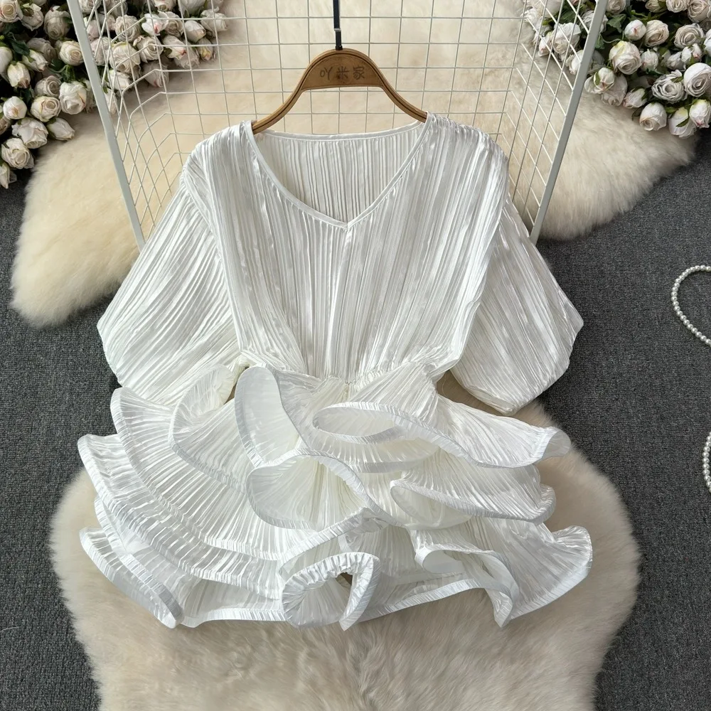 

Lady Korean Trendy Summer Tops Party Dinner Date Blouse Banquet Meeting Cafe Casual Blouse Flounce Ruffles Trim Shirt Slim Waist