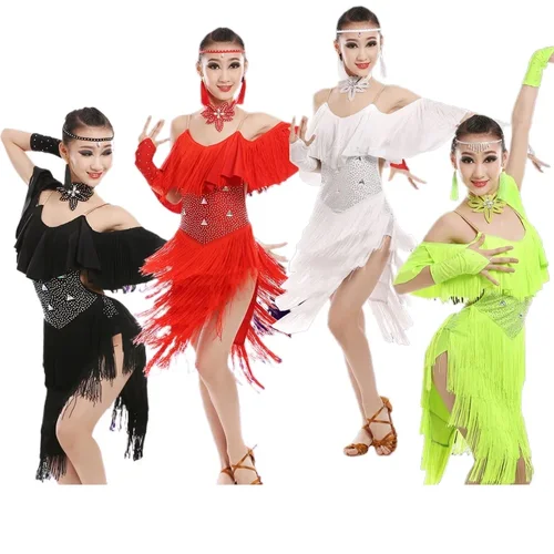 Imagen 2 del producto 470 vestido de baile latino, vestido de competición de baile de salón para niñas, vestido de baile Suladin de nuevo flujo de plumas de lentejuelas