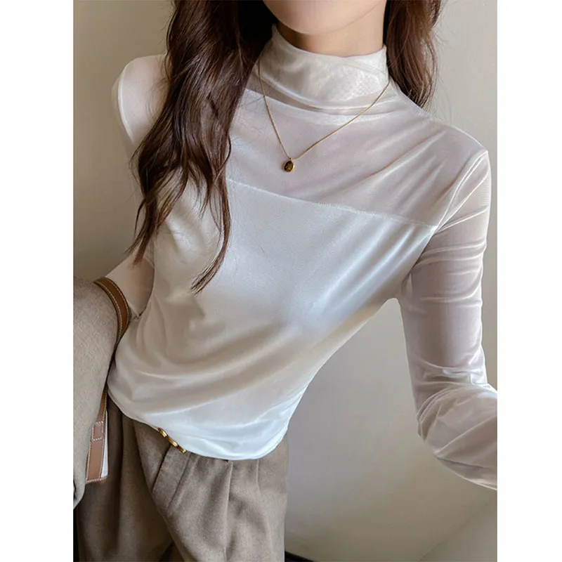 

Spring Summer Half-high Collar T Shirt Women Sexy Mesh Spliced See Through Long Sleeve Tees Solid Color Slim Fit Casual Tops