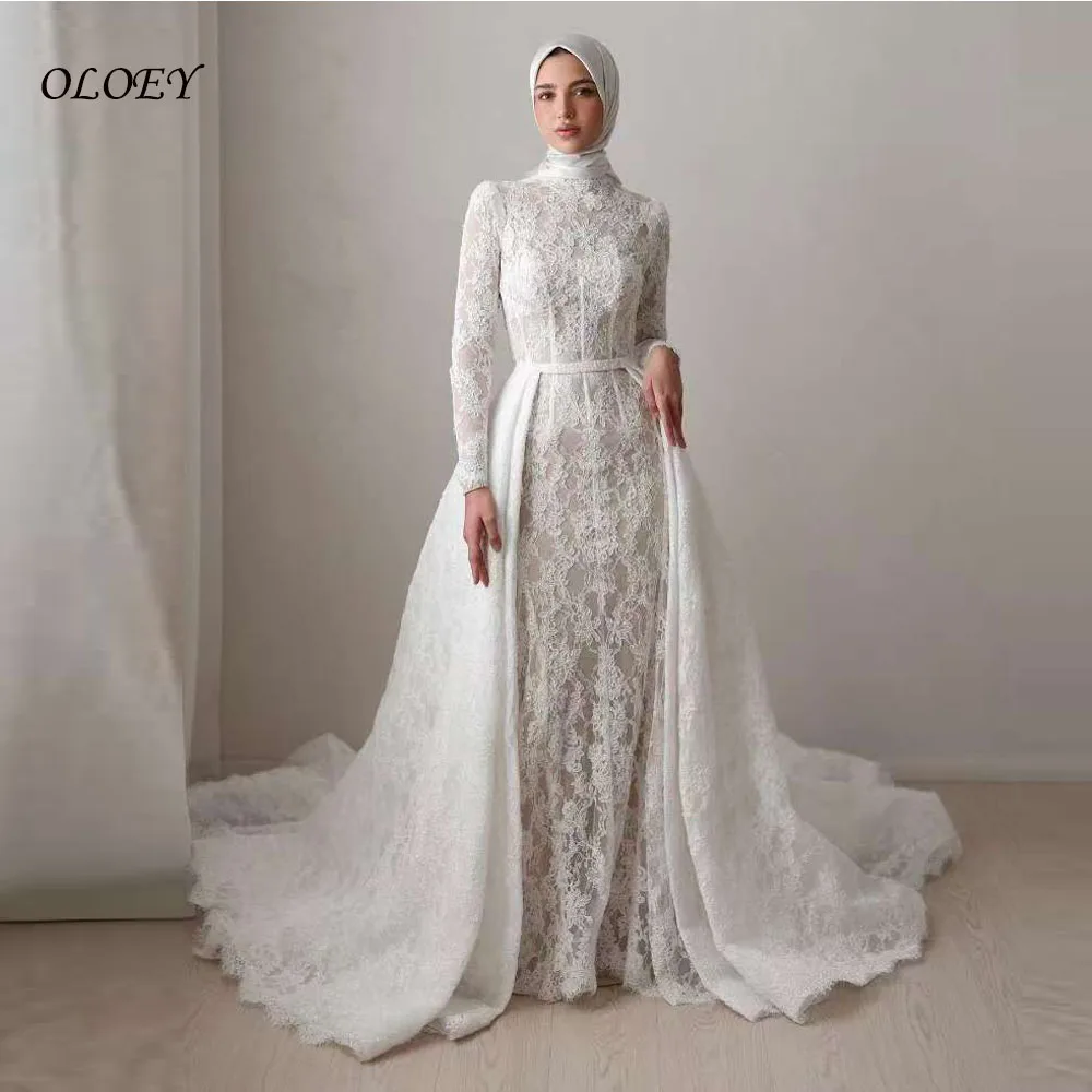

OLOEY Exuquisite Full Lace Mermaid Wedding Dresses With Detachable Train Dubai Arabic Women Bridal Gowns Muslim Modest Customize