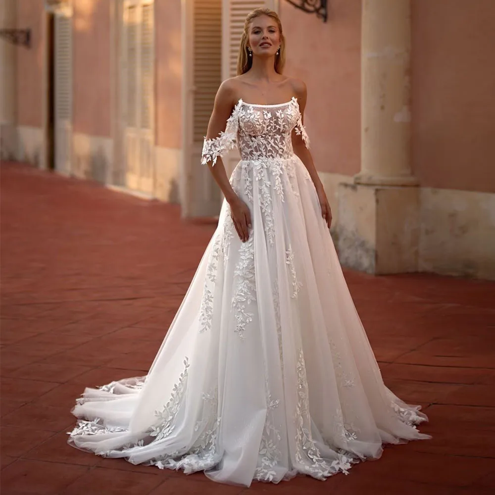 

Exquisite Women Appliques A-Line Wedding Dress for Bride Customized Corset Zipper Back Strapless Off the Shoulder Bridal Gowns