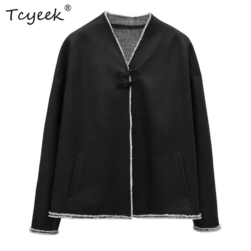 Tcyeek peau De mouton printemps automne haut De gamme noir col en v court femmes veste en cuir véritable Jaqueta De Couro légítimo Feminina