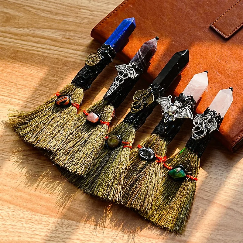 Cross-border natural crystal hexagonal column mini broom crystal roller stone Wiccan Nordic magic broom prop wholesale