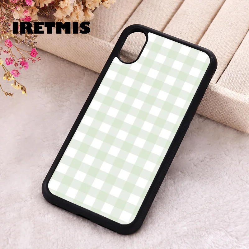 Iretmis Phone Cover Case For iPhone X XS Max XR 11 12 13 PRO MINI 14 15 16 Plus Rubber Silicone Sage Gingham