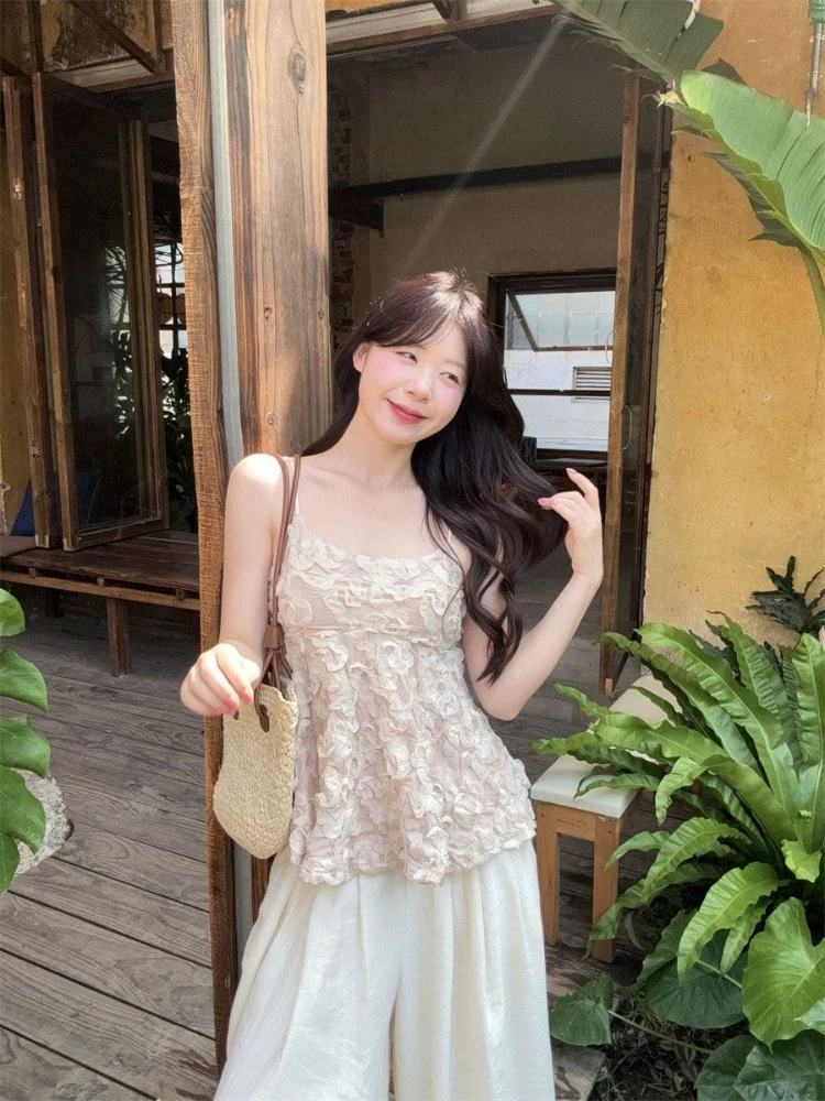 Trendy Net Lace Floral Strappy Sleeveless Top Oversized Fit Cropped Undershirt Soft Breathable Summer Women Loose Short Sweet