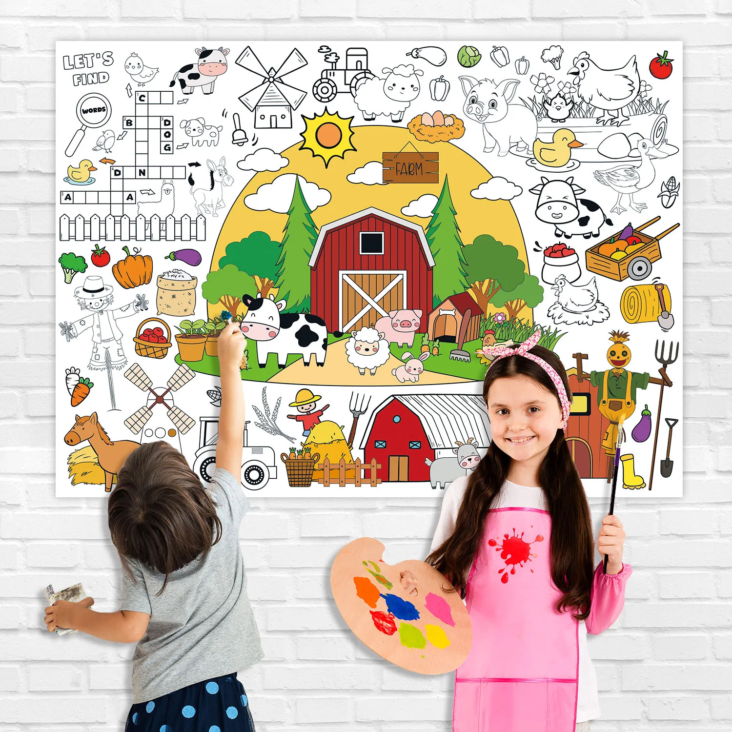 Farm themed children\'s coloring book, coloring poster, boys and girls large coloring tablecloth, harvest season party supplies