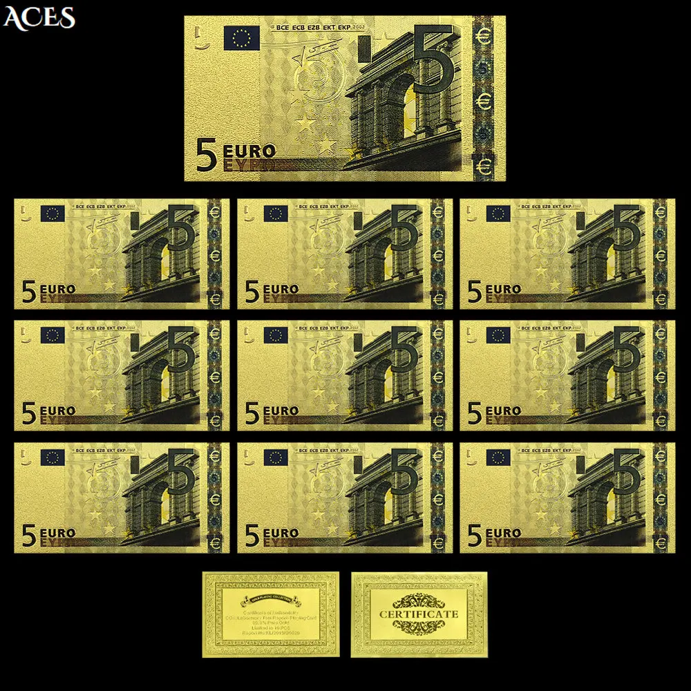 10pcs 5 Euros Gold Foil Banknotes PET Plastic Foldable Notes Replica Money with Golden Certificate Art Worth Collection