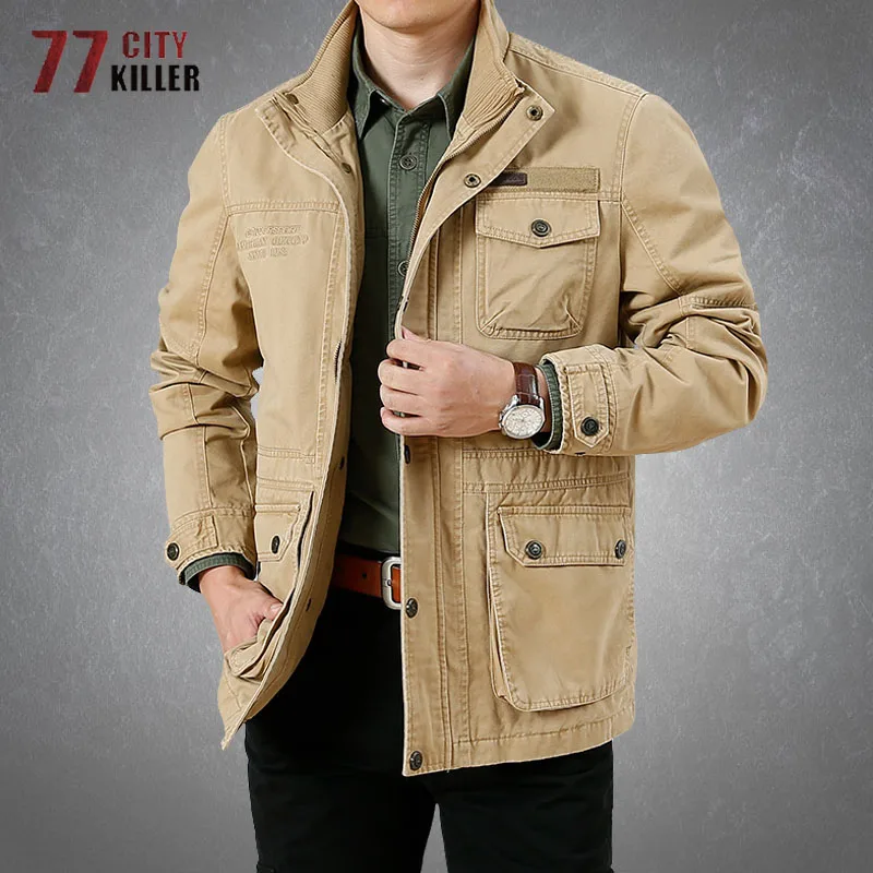 Spring Autumn Men's Military Cargo Jackets Casual 100% Cotton Multi-pocket Stand Collar Loose Mid-length Coats Male Big Size 6XL