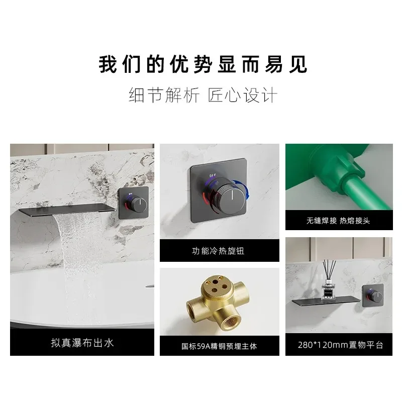 Tutti gli ripiani nascosti in rame, WC lavamani, bagno, WC sospeso nero caldo e freddo, rubinetto a cascata