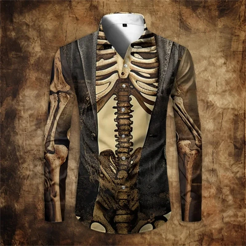 Newest Skull 3D Printed Long Sleeve Shirts For Men Vintage Lapel Button Tops Casual Halloween Cosplay Skeleton Streetwear Shirts