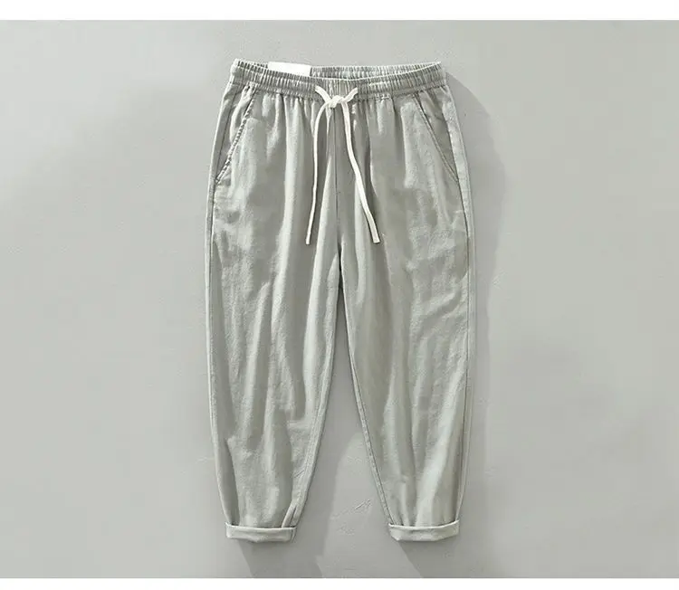 

Summer Men's Breathable Loose Straight Cotton and Linen White Elastic Waist Drawstring Casual Slim Long Pants for Men