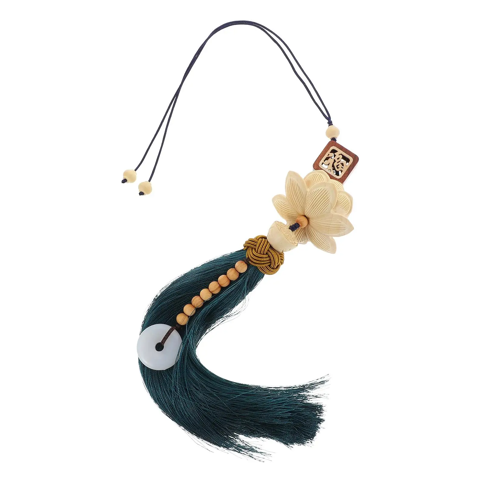

Rearview Mirror Pendant Lotus Decor Carved Wooden Hanging Tassel Braided Rope Sturdy Car Accessories Home Decor