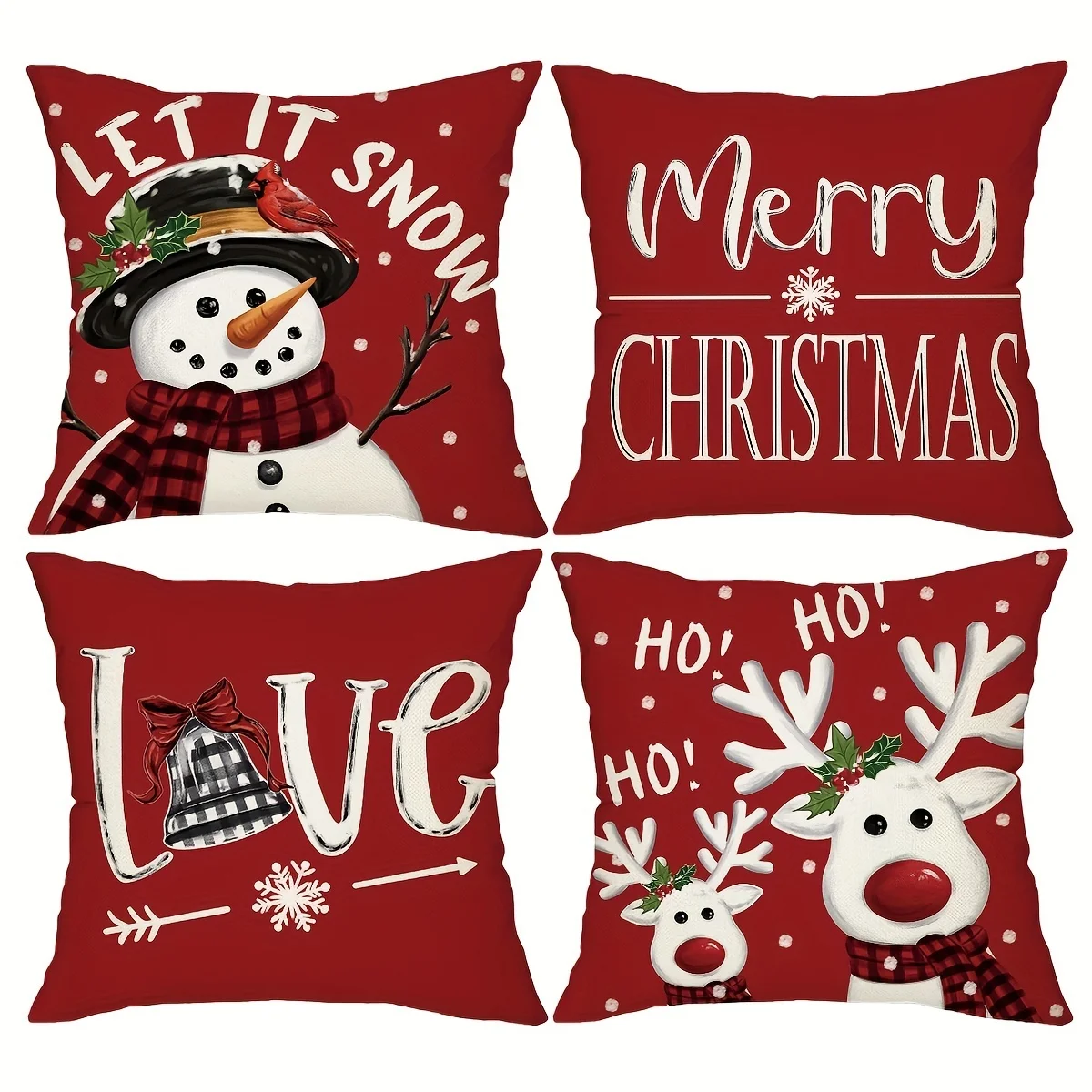 4-Piece 18X18 Inch Red Christmas Pillow Set Farmhouse Style Snowman Deer Pattern, Zippered Polyester Fiber Cushion Set, Sofa