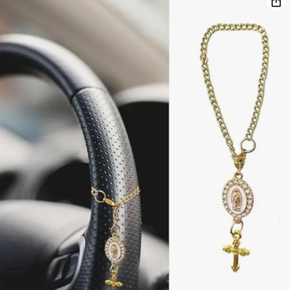 Retro Exquisite Holy Mother Cross Inlaid Zircon Imitation Pearl Car Steering Wheel Hanging Key Chains Women's Men in-car Jewelry