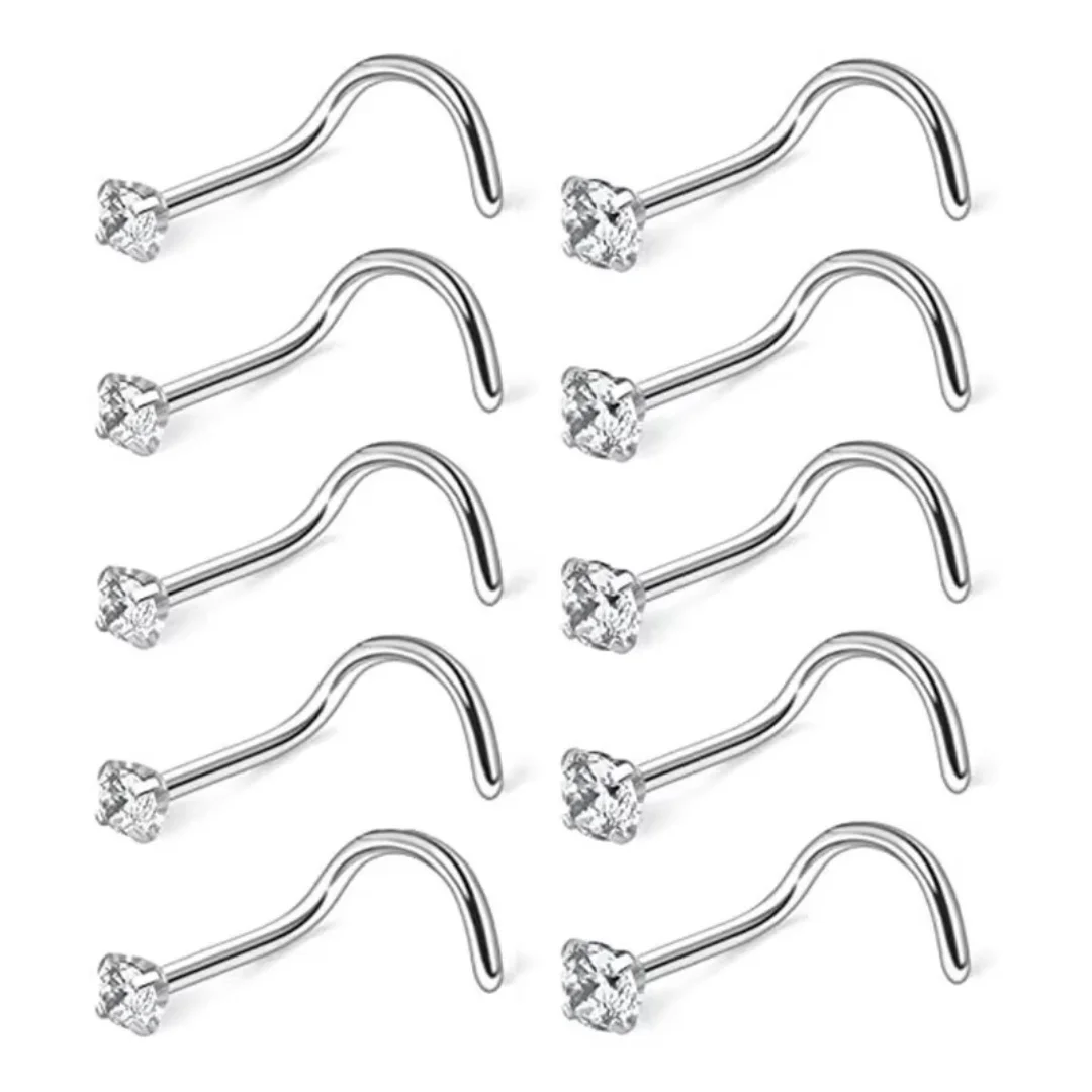 10 Pcs/Lot 1.2/2/2.5/3MM CZ Zircon Nose Studs Stainless Steel Screw I L Shaped Bone for Woman Man Body Piercing Jewelry 20G