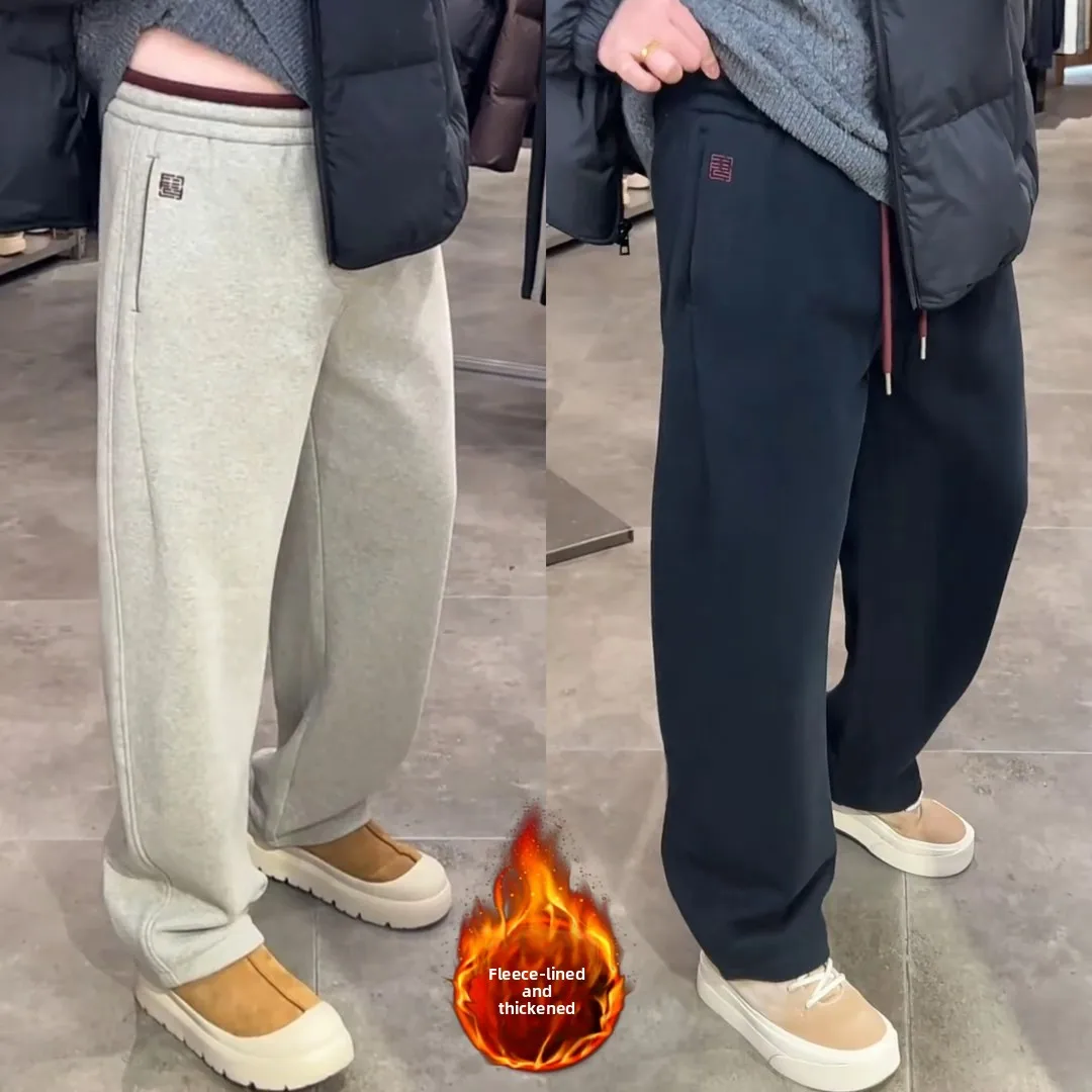 

Мужские зимние повседневные брюки свободного кроя с начесом, прямые штанины, из смесового хлопка, с вышивкой и эффектом потертости