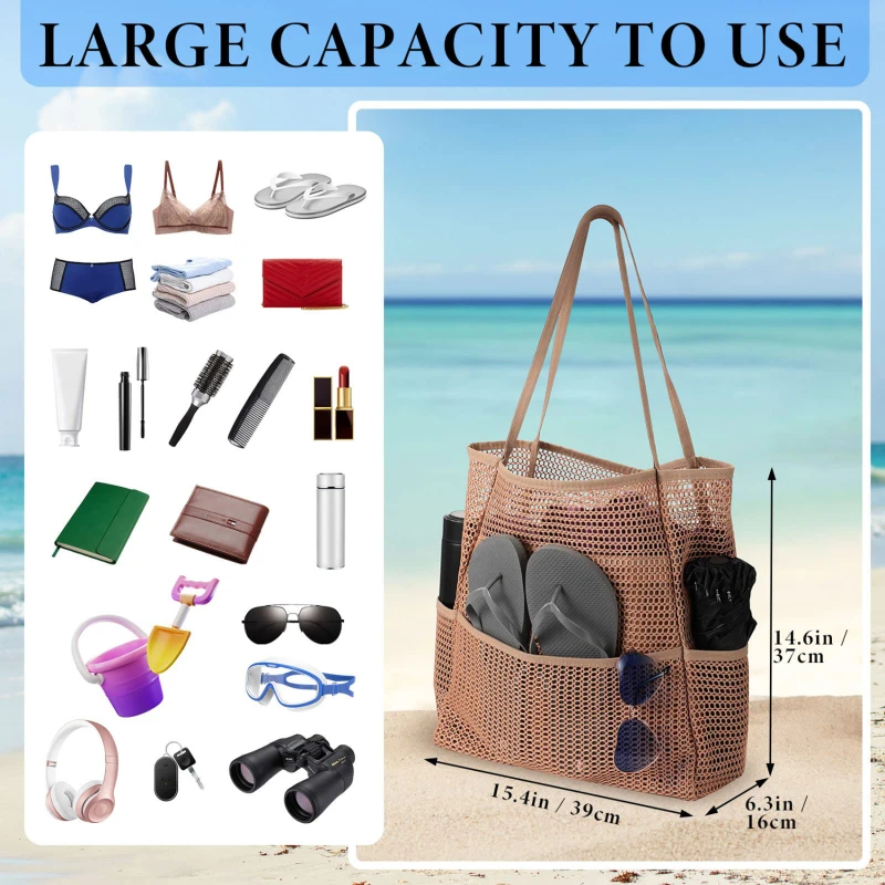 Sac de plage d'été en maille de grande capacité pour hommes et femmes, fourre-tout à une épaule, sac de rangement portable pour vêtements de natation