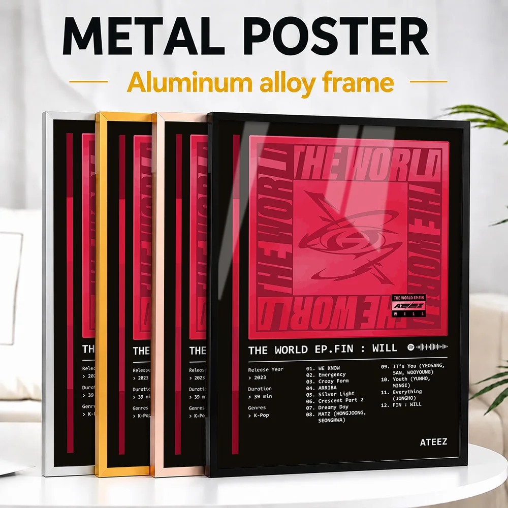 THE WORLD EP.FIN WILL 2023 Album By ATEEZ Framed Metal Print Customized Photo Colorful Soundwave Style Wall Art For Music Room