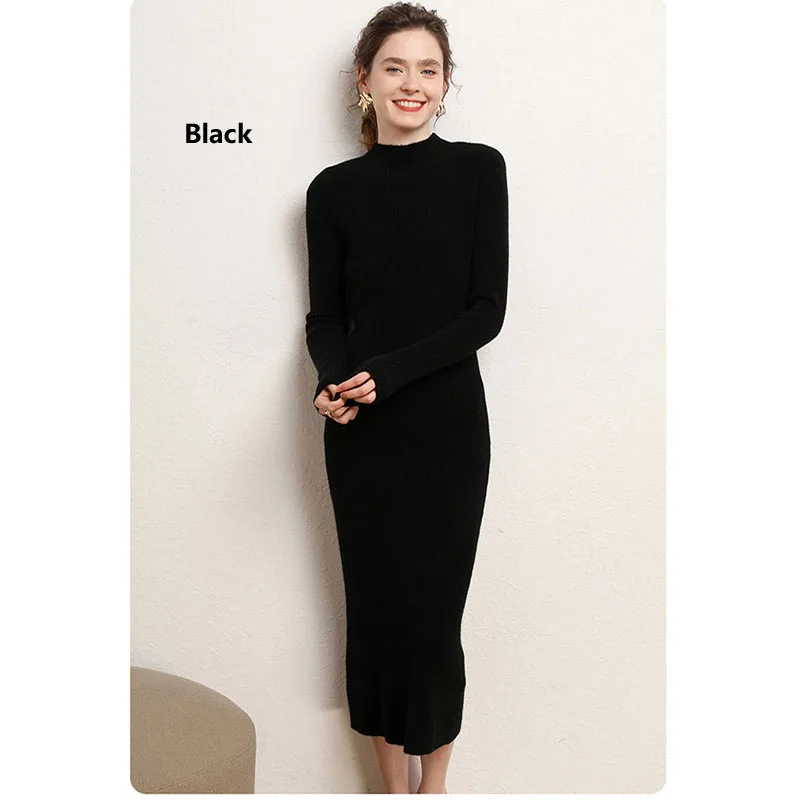 100% Pure Cashmere Knitted Dress women\'s Half-high Collar Autumn and Winter New Style Wool Long Slim and Slim Skirt  Comfortab