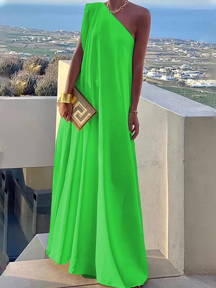 Luźny krój kobiet na plaży jednolita sukienka na co dzień kobiece lato z sukienka na ramiona ukośnym kołnierzem Streetwear Maxi Dress Vestido