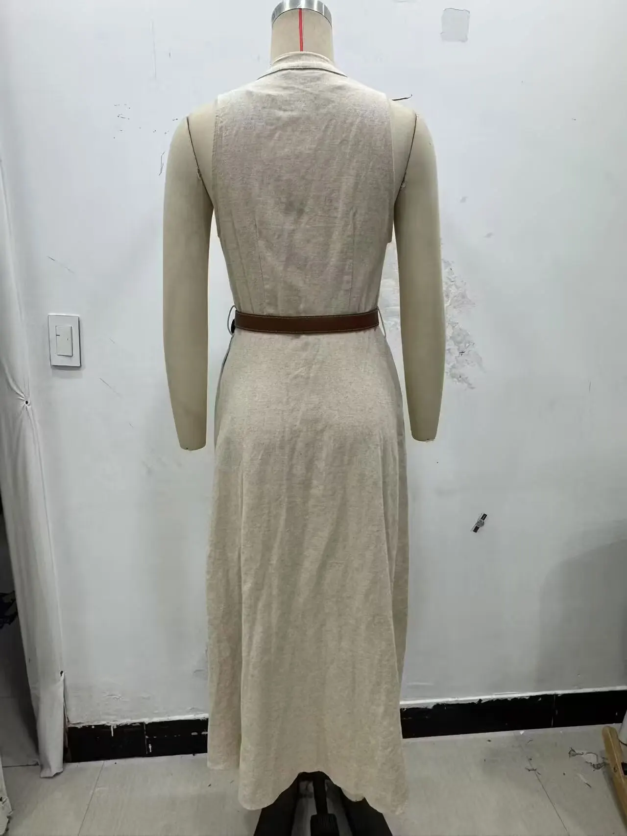 HH Women's Summer Commuter Casual Solid Linen Midi Dress Sleeveless V-neck Single-breasted Belt A-line Elegant Slim Dresses