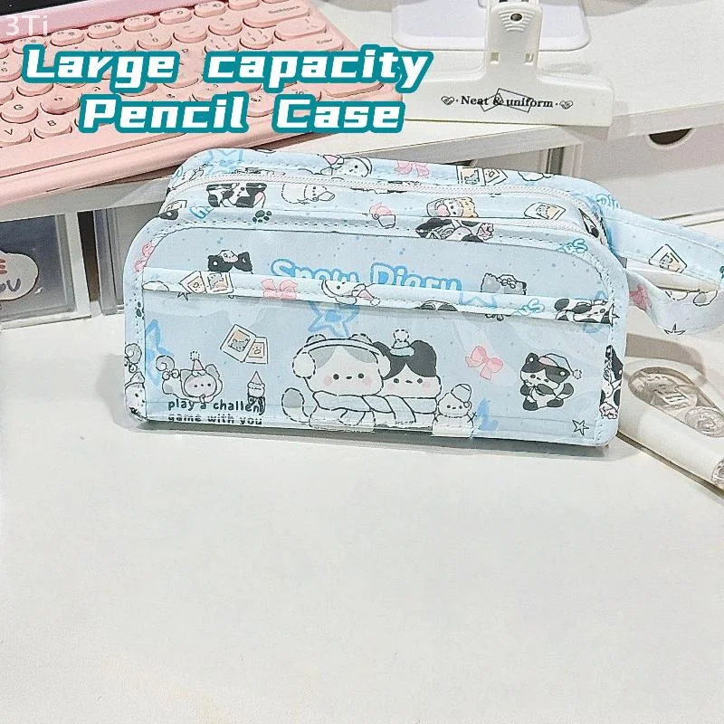 Lovely Illustrated Cat Big Capacity Pencil Bag Multi-floor Student Writing Tool Case Cosmetic Storage Satchel