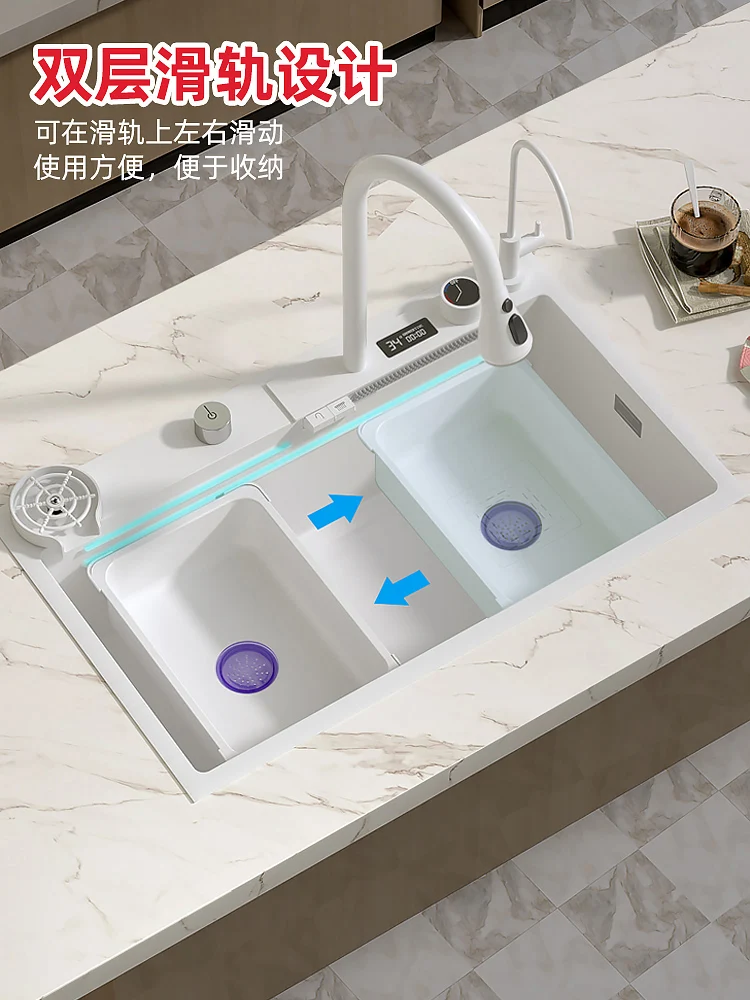 Digital display sink 3 stainless steel kitchen household vegetable washing basin, nano handmade milky white large single slot