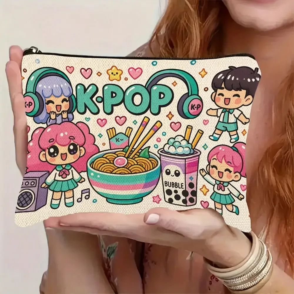 

Красочная косметичка с иллюстрациями в стиле K-pop, дорожная сумка для туалетных принадлежностей с музыкальной тематикой, портативная сумка для хранения косметики.