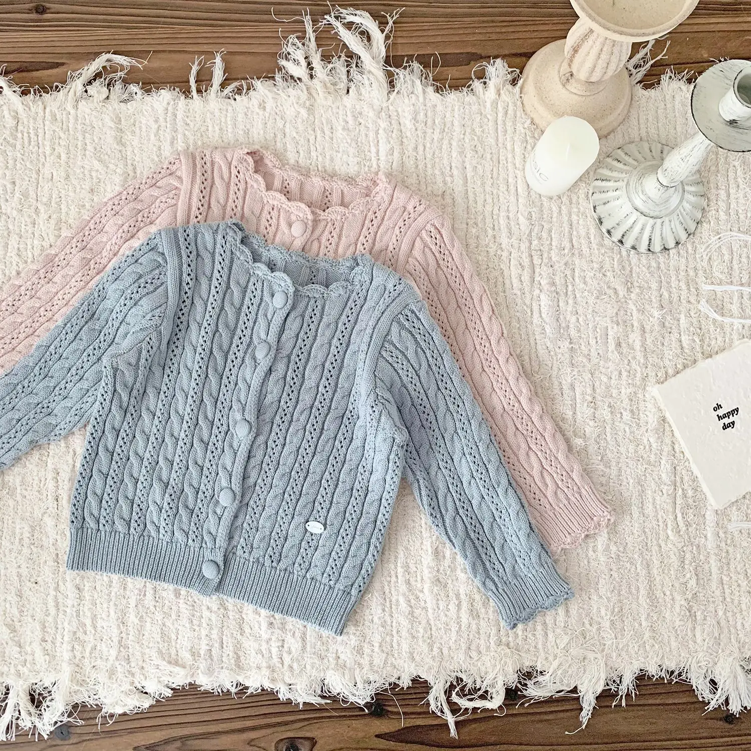 2026 Spring Casual Children Sweater Pink Cable Knit Openwork Scalloped Neck Cardigan for 6M-4T Girls Soft Kids Clothes 2 2026 Spring Casual Children Sweater Pink Cable Knit Openwork Scalloped Neck Cardigan for 6M-4T Girls Soft Kids Clothes 2