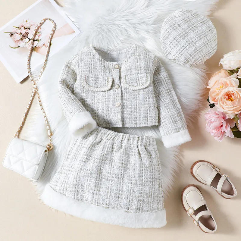 Girls Autumn and Winter Coat Clothes Baby Jacket Short Skirt Beret Outfit Set Long SleevesWoolen co Tops+Skirt +Beret 3PC 0-7T